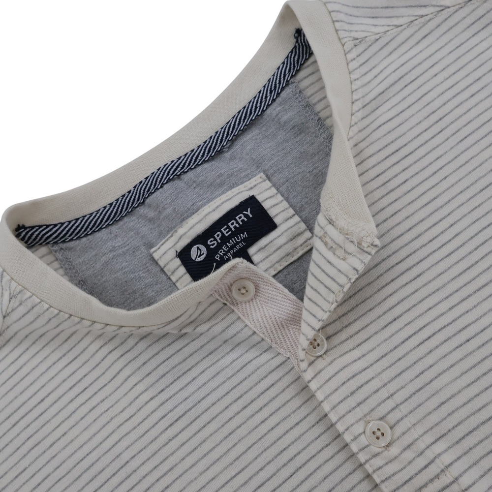 Sperry Premium Apparel Mens XL Henley Shirt Long Sleeve Striped Cream Grey XL